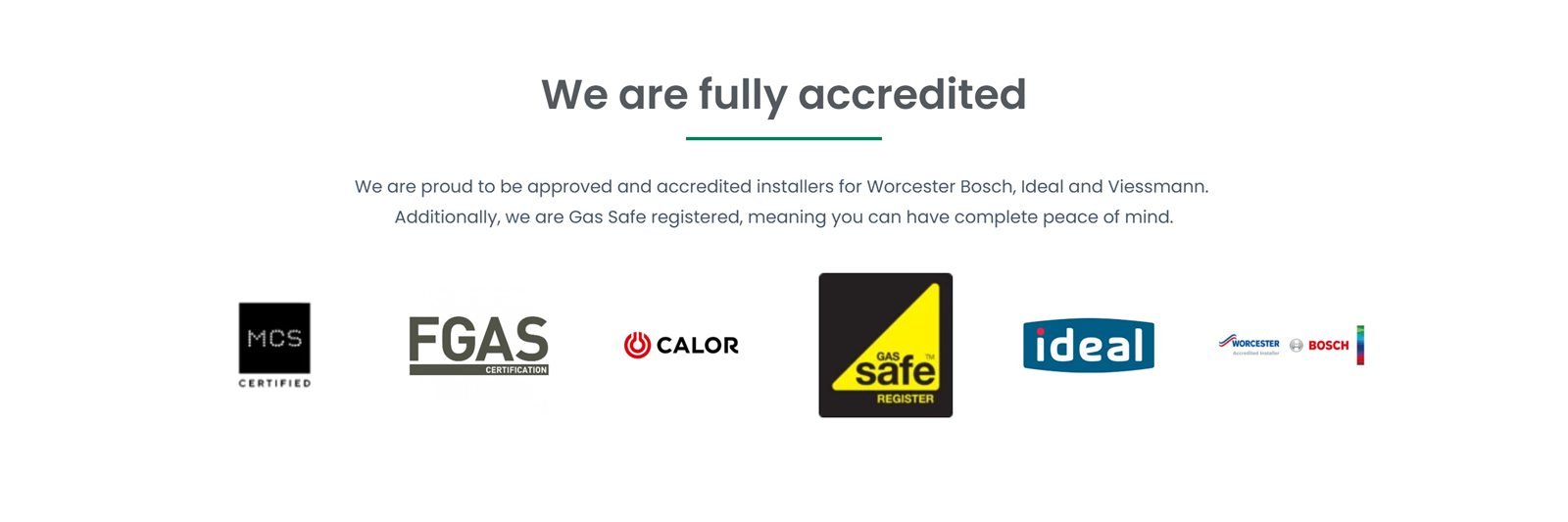 The accreditations section on the Corex homepage, showing MCS, FGAS, Calor, Gas Safe, Ideal and Worcester Bosch