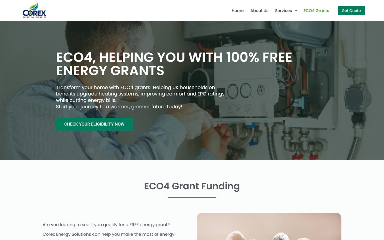 The ECO4 Grants page on the Corex Energy Solutions website