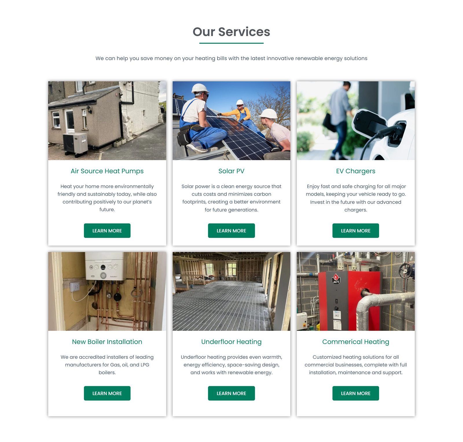 The Our Services section of the Corex Energy Solutions homepage, with a card for each service