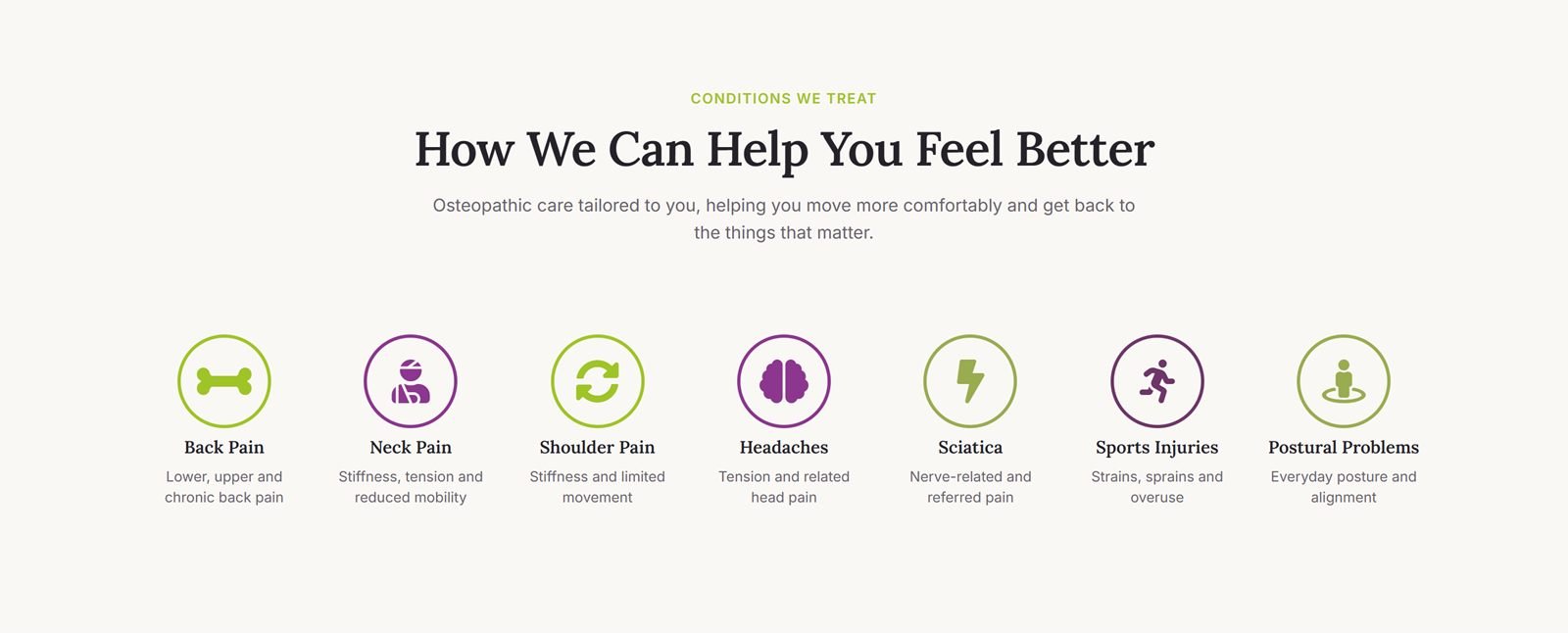 The 'How We Can Help You Feel Better' conditions section on the new Silsden Osteopathy website