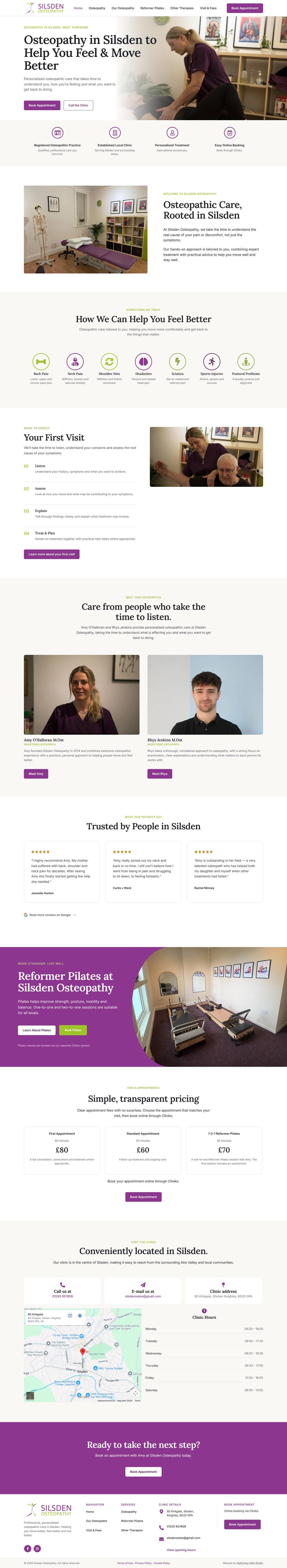 Full-page view of the new Silsden Osteopathy homepage on desktop