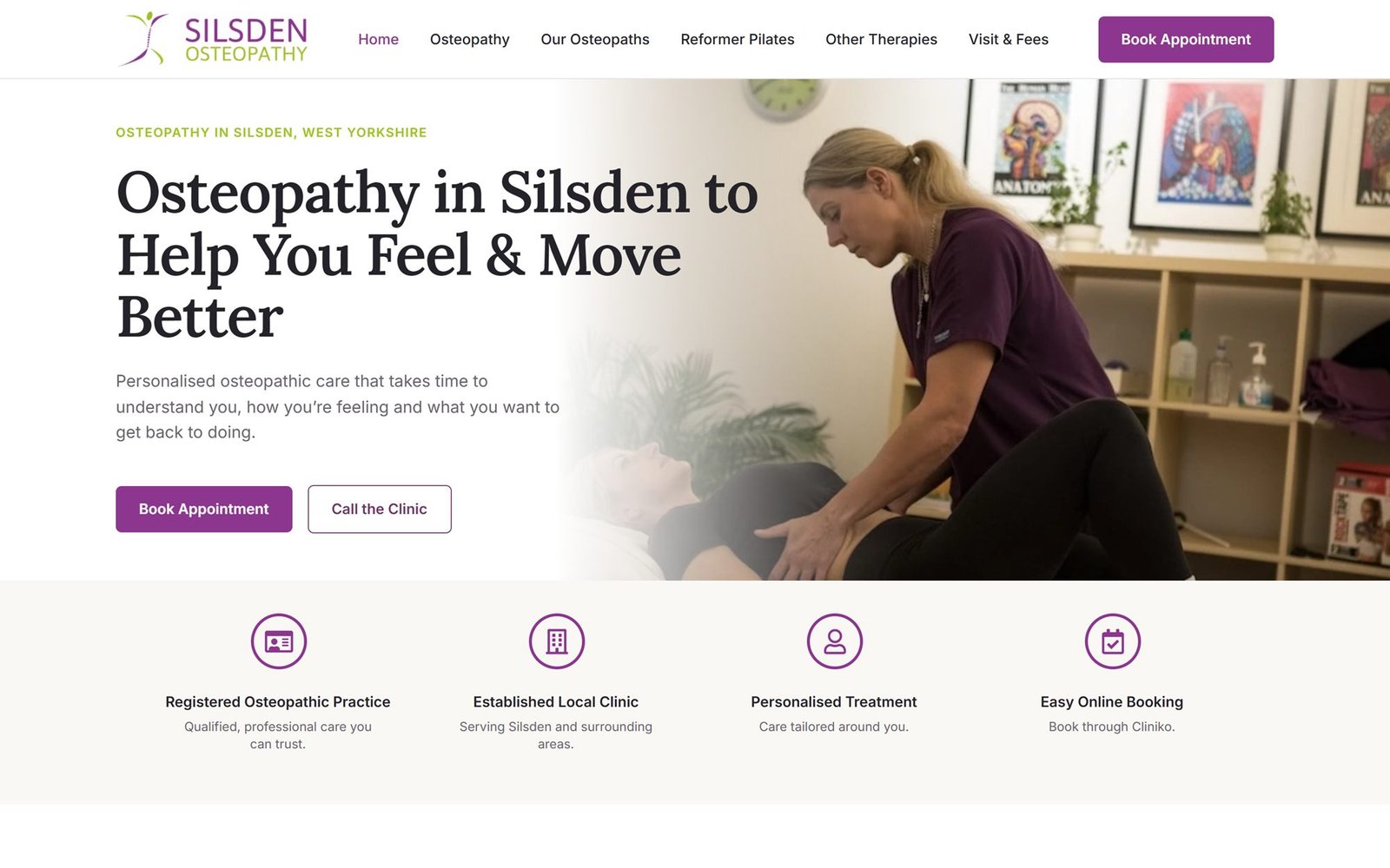 Silsden Osteopathy's new WordPress homepage on desktop, with the hero section and Book Appointment button