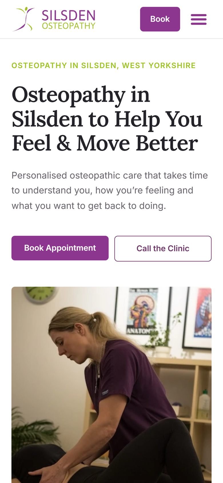 The new Silsden Osteopathy homepage on a mobile phone