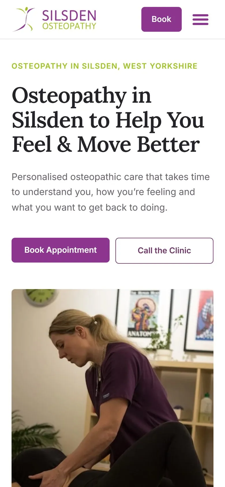 The new Silsden Osteopathy homepage on a mobile phone