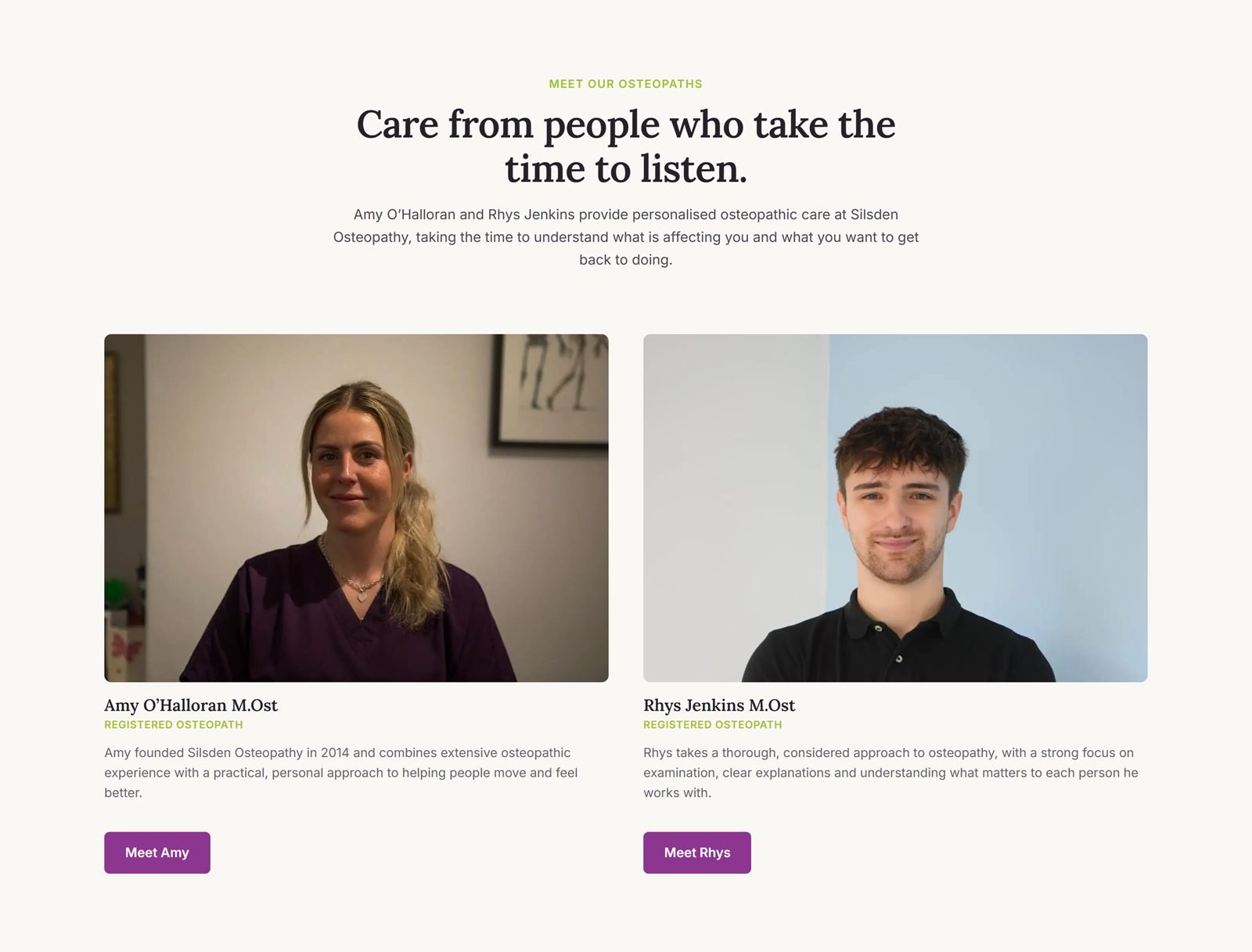 The new practitioner section introducing osteopaths Amy O’Halloran and Rhys Jenkins