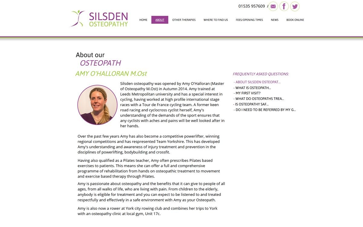 The previous Silsden Osteopathy About page, built on Wix