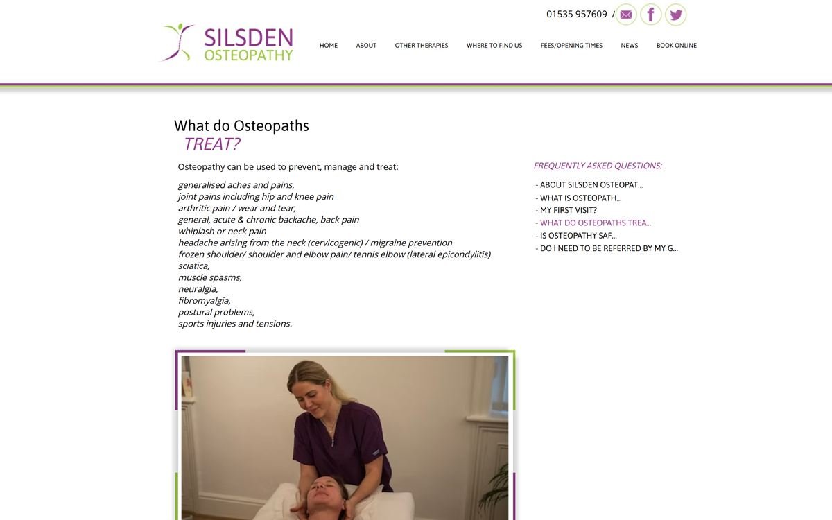 The previous 'What do Osteopaths treat?' page on the Silsden Osteopathy Wix site