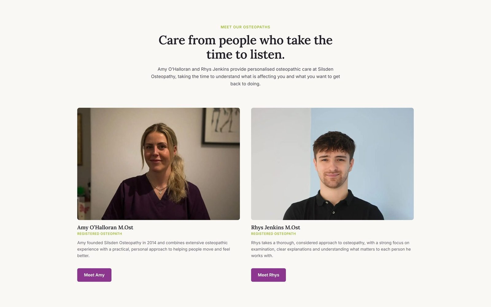 The practitioner section of the new Silsden Osteopathy website, introducing osteopaths Amy O’Halloran and Rhys Jenkins